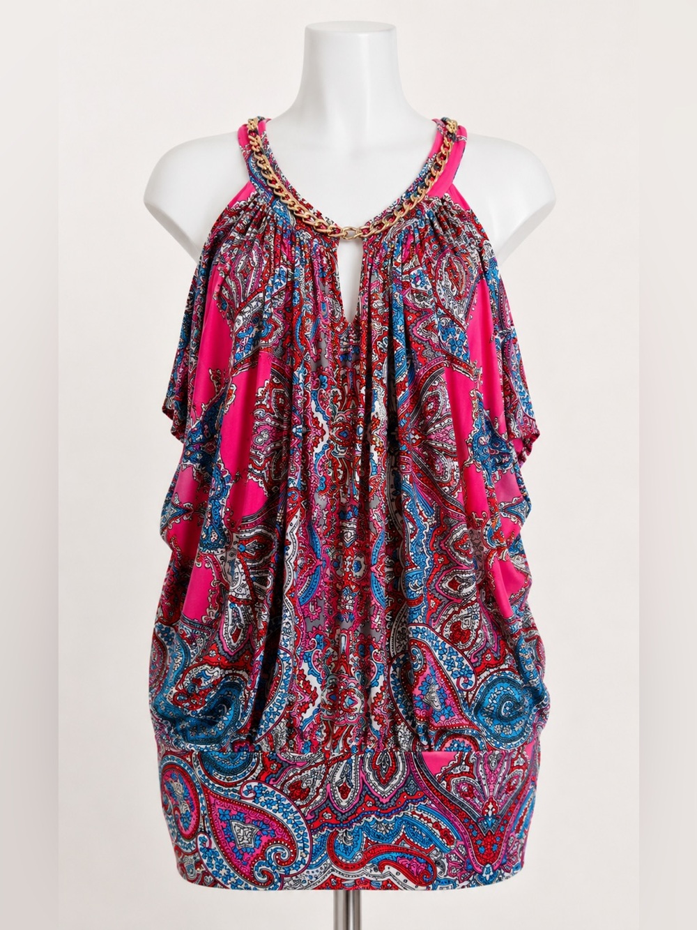 Cache Pink Paisley Halter Tank with Gold Chain Detail